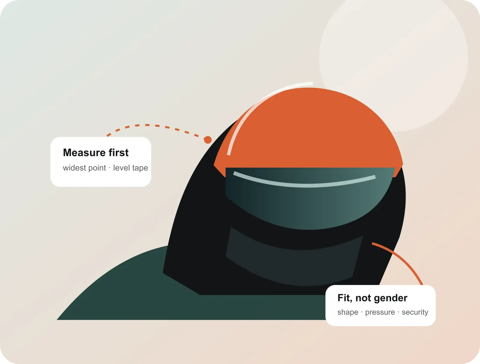 Original illustration of a rider with helmet measurement and fit markers