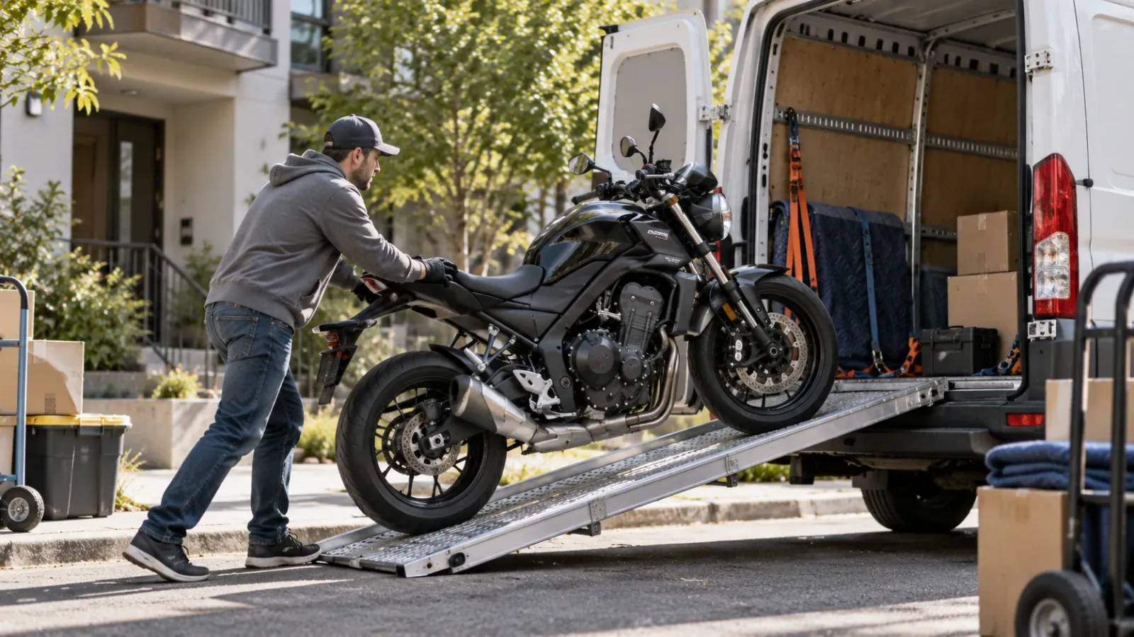 Motorcycle being loaded into a van using a ramp during a move