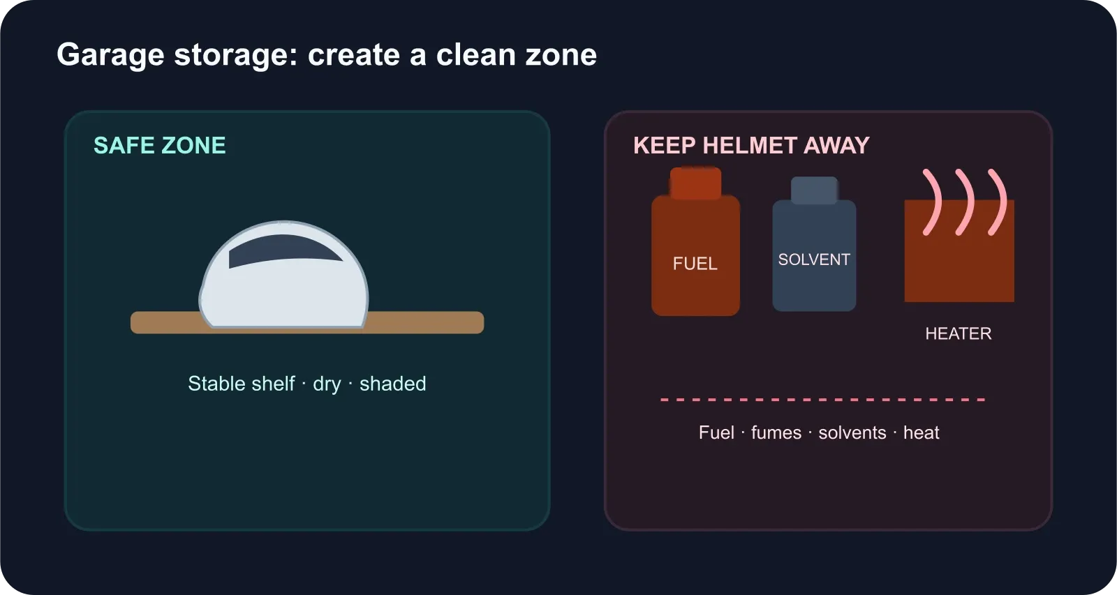 Garage helmet storage diagram showing a safe zone and a danger zone near fuel, solvents and a heater