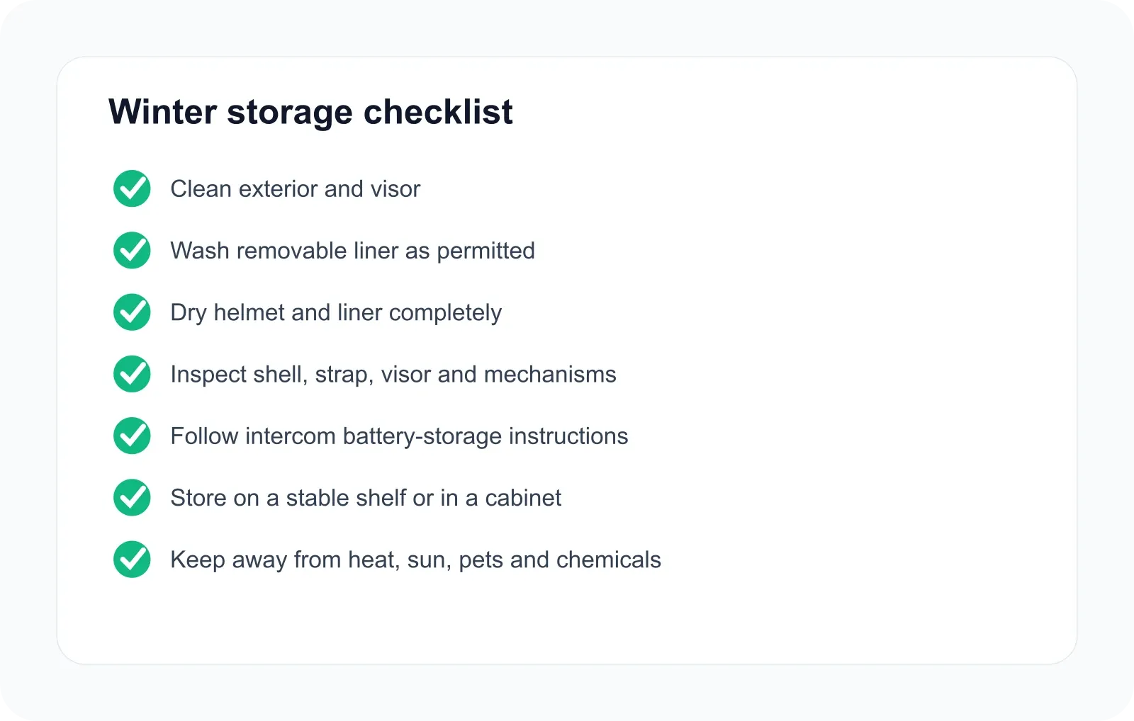 Winter motorcycle helmet storage checklist