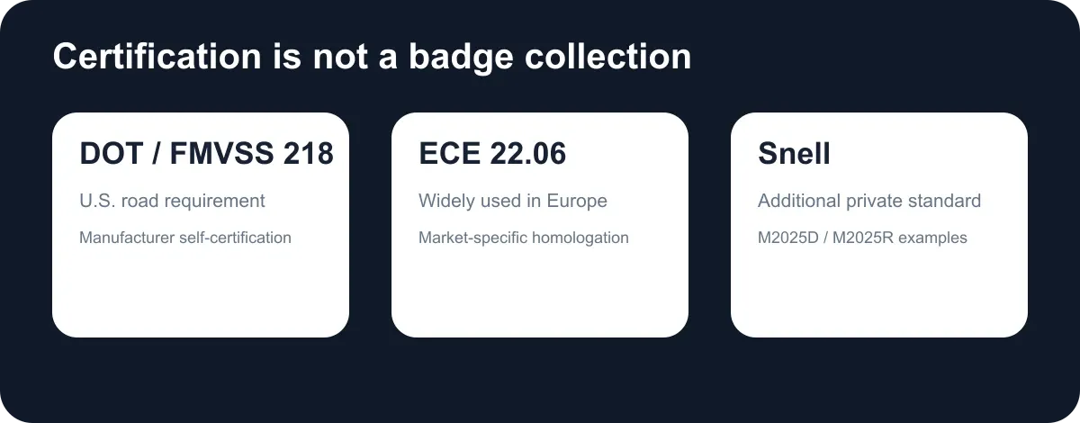 DOT, ECE and Snell certification roles.