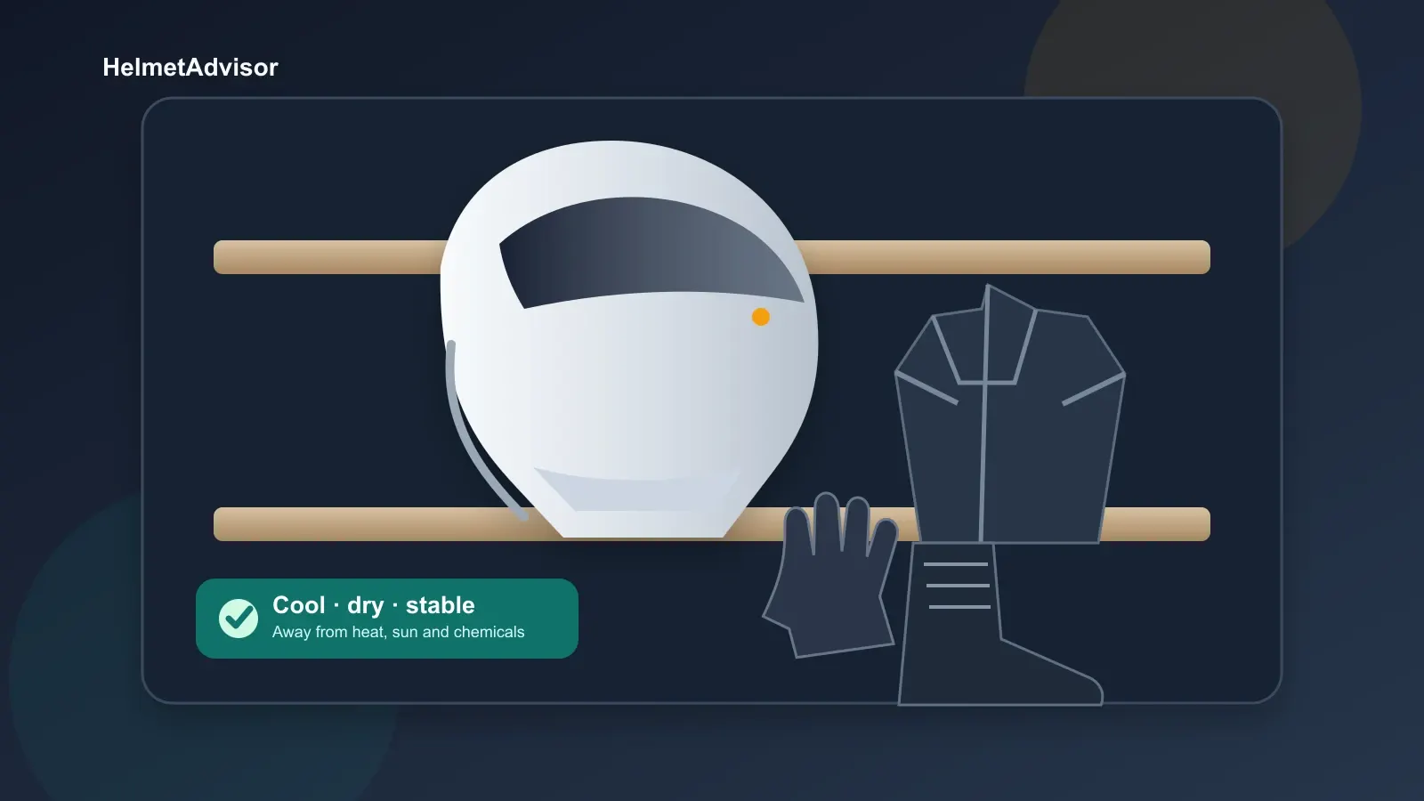 Motorcycle helmet stored on a wide shelf in a clean gear cabinet