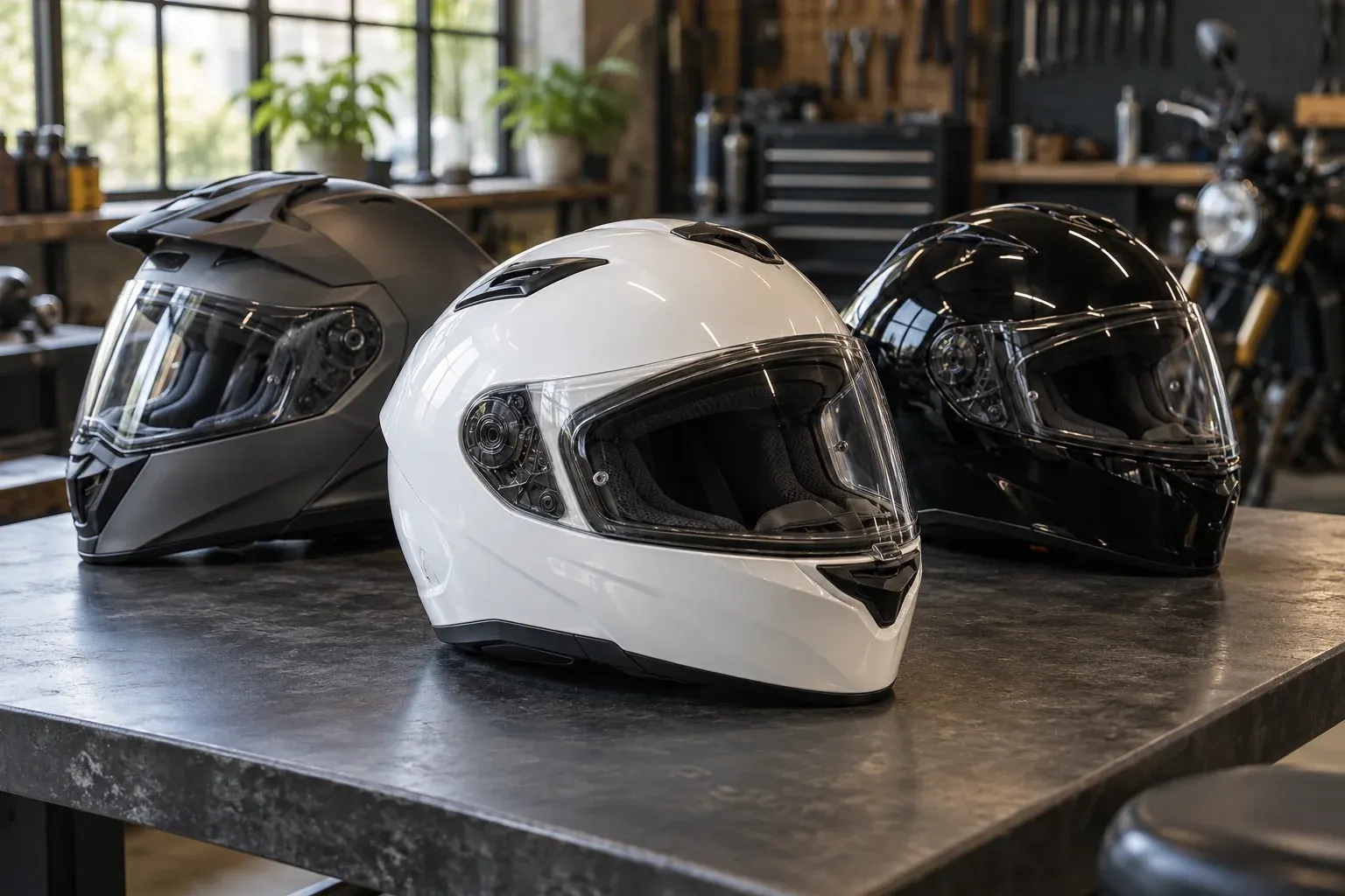 Three full-face motorcycle helmets on a workshop bench; AI-generated editorial image