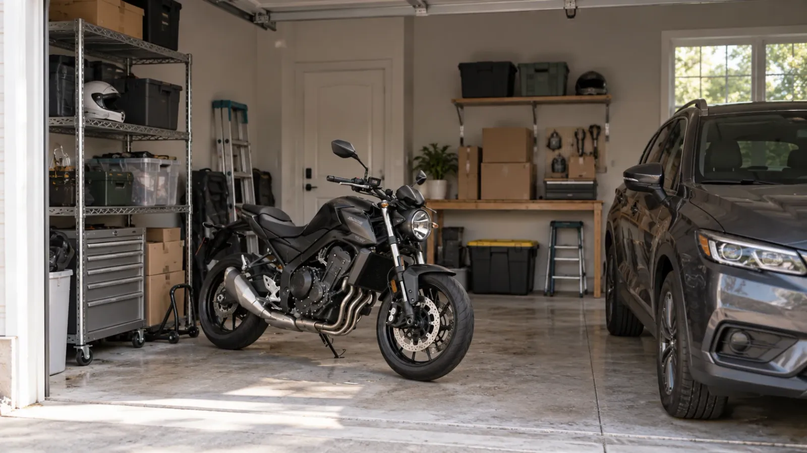 Motorcycle parked beside a car in a residential garage