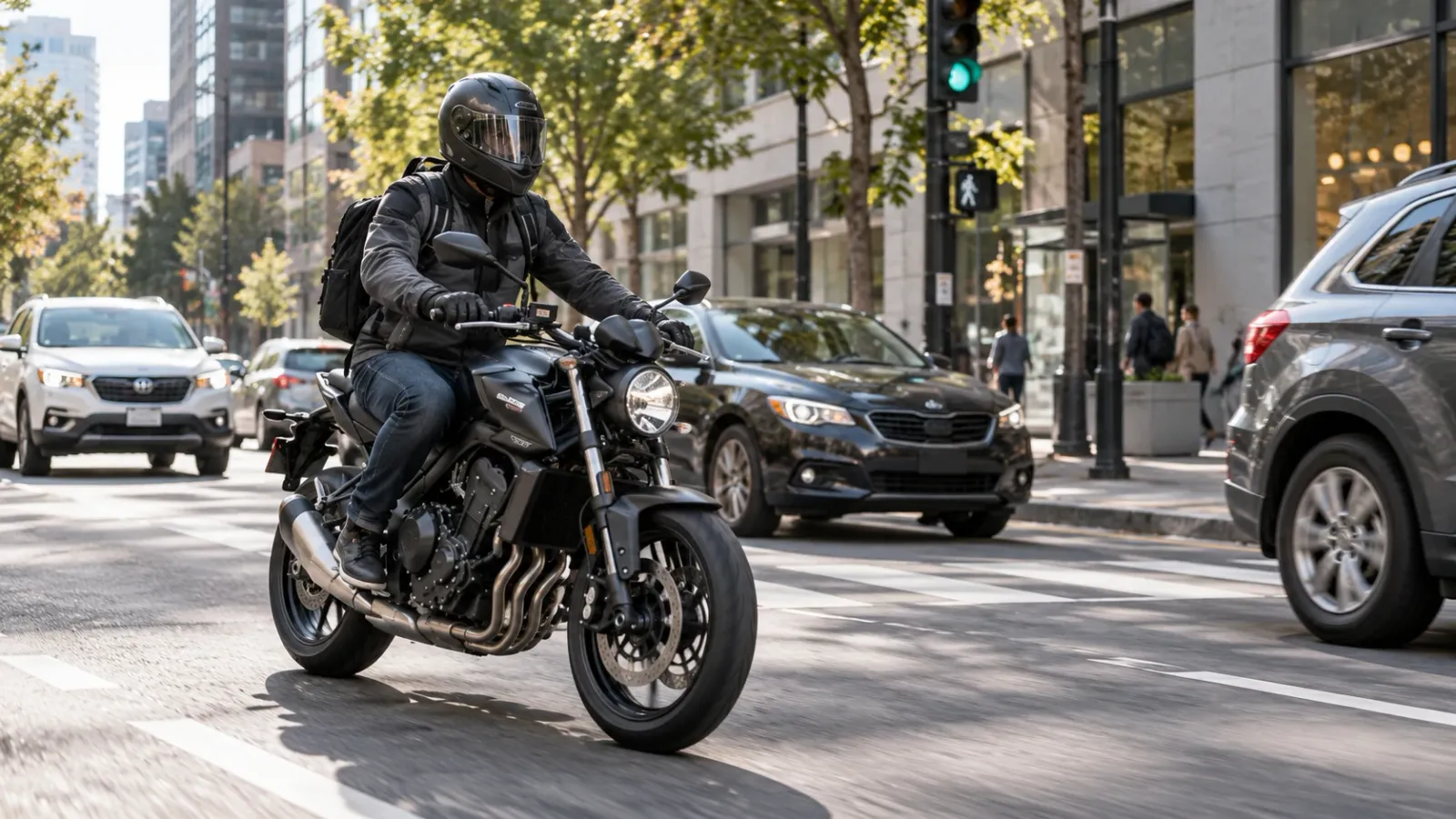 Motorcyclist commuting through normal city traffic